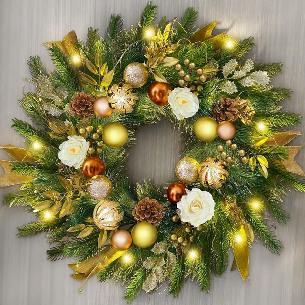 Christmas Wreaths for Front Door with Lights,24 inch Gold Large Christmas Wreaths Outdoor,Decorated with Christmas Ball,Pine Cones,Branches,Rose,Ribbon,Berry for Thanksgiving Fall Winter Decor