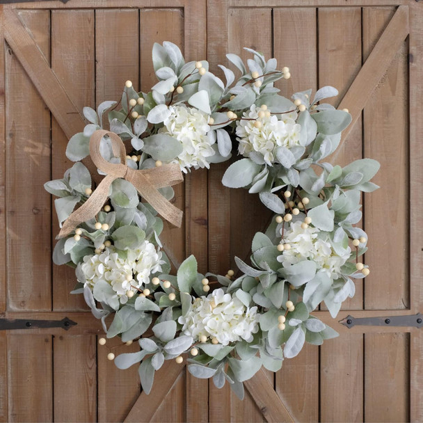 Idyllic 20 Inch Lambs Ears Leaves Everyday Wreath with Ivory Hydrangea and Cream Berries, Spring Summer Greenery Wreath with Burlap Ribbon Bow Knot for Doors, Rustic and Farmhouse Style Home Decor