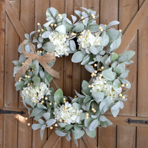 Idyllic 20 Inch Lambs Ears Leaves Everyday Wreath with Ivory Hydrangea and Cream Berries, Spring Summer Greenery Wreath with Burlap Ribbon Bow Knot for Doors, Rustic and Farmhouse Style Home Decor