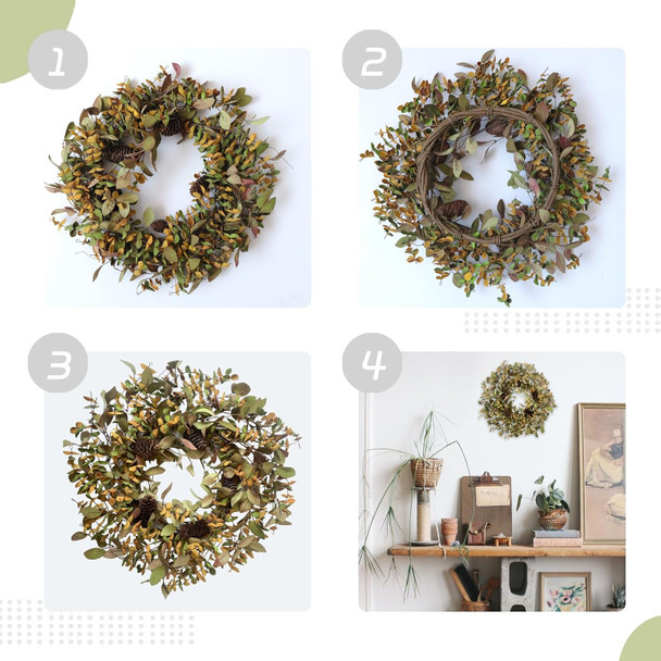 Fall Wreath with Pine Cones and Eucalyptus Leaves, Harvest Wreath for Front Door Farmhouse Indoor Festival Home Thanksgiving Decor,20 Inch