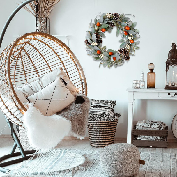 idyllic 20 Inches Fall Wreaths for Front Door Outside - Green Leaves Wreath with White Berry, Acorn & Pine Cone - Autumn Wreaths for Front Door Decor - Front Door Wreath for Fall Door Decor