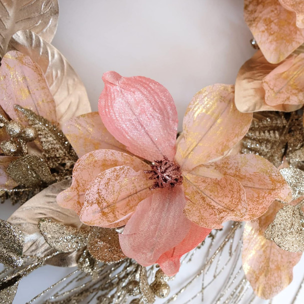 Idyllic 18 Inch Winter and Christmas Magnolia Flowers Gold Glitter Wreath for Home and Front Door Decor, Pink and Gold Magnolia Flower Wreath for Indoor