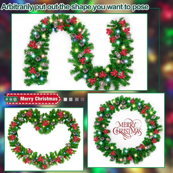 [ Timer & 8 Modes ] 9 Foot by 10 Inch Christmas Garland Decorations 50 LED Colorful Lights Battery Operated Lighted Garland 300 Branches 198 Red Berries 18 Pinecone Prelit Xmas Garland Indoor Outdoor