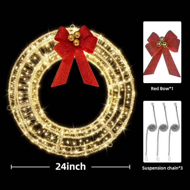 Christmas Acrylic Wreath with Lights Twinkle Lights, 24 Inches Chriatmas Wreath with 720 LED Warm White Fairy Lights, Christmas Werath with Timer/Red Bow for Christmas Decoration (24Inch White Wreath)
