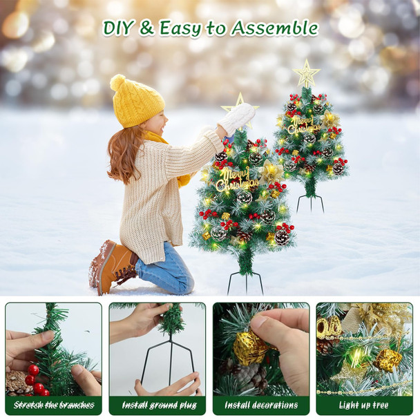 2.6FT Outdoor Pathway Christmas Trees Lighted Battery Powered,Small Artificial Christmas Tree Snow Flocked,Pre-Lit Christmas Pine Trees for Grave,Porch (2PACK)