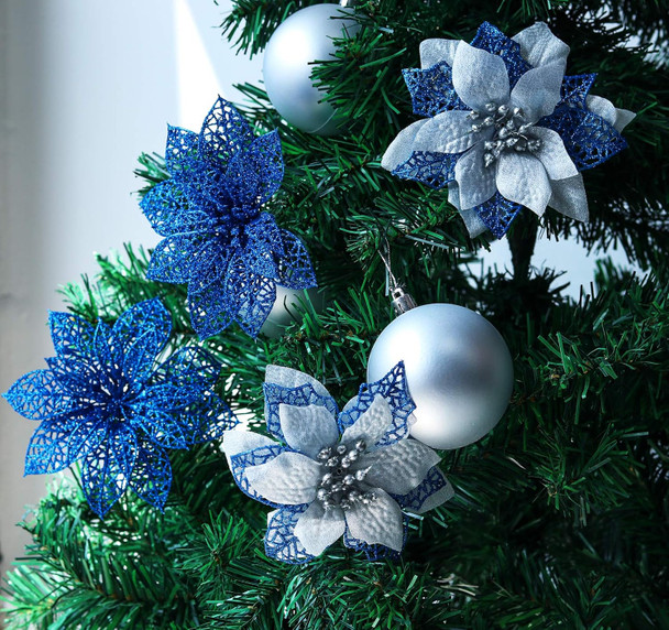 ilauke 24Pcs Poinsettias Artificial Christmas Flowers, 6" Glitter Artificial Christmas Flowers with 30 Sliver Clips, for Xmas Tree Ornaments Wedding Party Wreath Decor (Blue)