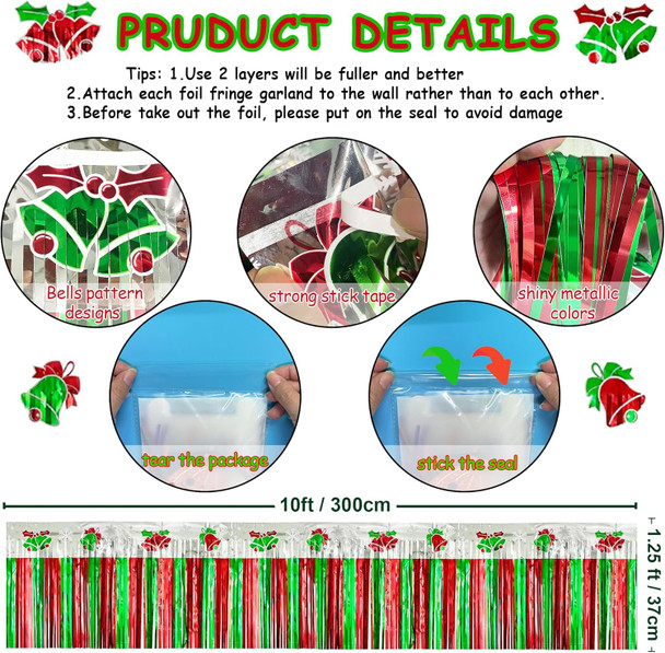 Christmas Parade Floats Foil Fringe, Each 10 ft x 15'' Red Green Silver Bells Tinsel Streamers Garland Banner Table Skirts for Christmas Trailer Car Graduation Homecoming Party (Bells 8 Pack)
