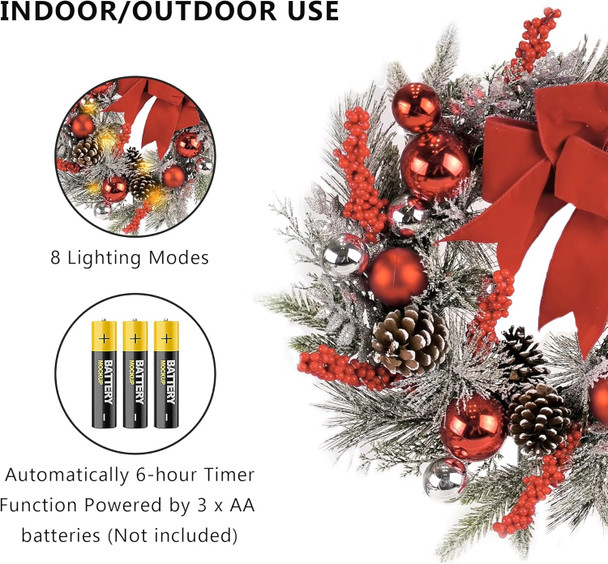 20" Christmas Wreaths for Front Door, Artificial Christmas Wreath Decoration with Lights, Winter Wreaths with Pine Cones,Bow,Balls Ornaments for Indoor Outdoor Home Decor (Red)