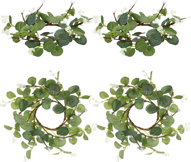 Ipetboom 4Pcs Round Candle Rings Wreaths Easter Wreath tificial Eucalyptus Leaves Wreaths for Pillars Farmhouse Wedding Table Party Home Decor