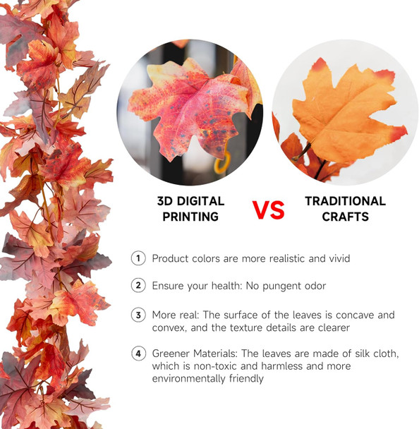 2 Pack Fall Garland 5.7ft/Piece 3D Artificial Fall Leaves Garland Hanging Vine Fall Decorations for Home Fall Maple Leaf Garland for Mantle Thanksgiving Party Fireplace Outdoor Porch Decor