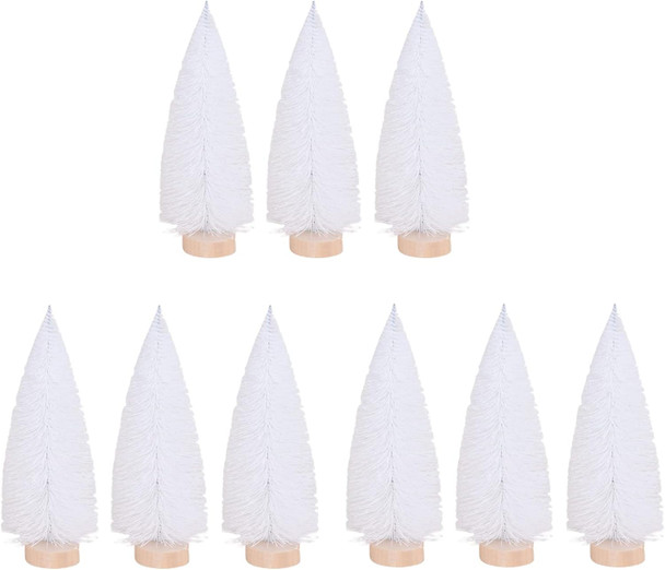 IUIBMI 9 PCS Mini Sisal Christmas Trees 6 Inch Small Artificial Christmas Sisal Snow Frost Trees with Wooden Bases, Miniature Bottle Brush Trees for Xmas Holiday Party Home Tabletop Tree Decor, White