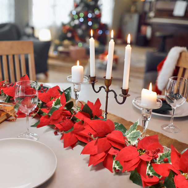 2Pcs Christmas Garland, 6.5Ft Artificial Red Flowers Poinsettia Garland with Berries and Holly Leaves for Christmas Holiday Indoor Outdoor Home Tables Centerpieces Decorations