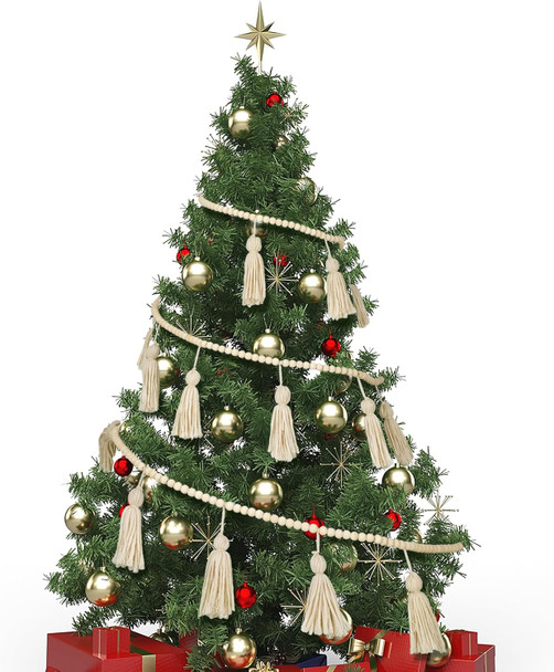 Janinka Christmas Tree Boho Decor Wooden Bead Garlands 9.8ft Wood Bead Garland with Tassels Boho Wall Hanging Macrame Banner Farmhouse Home Decor Rustic Country Holiday Decoration(Classic Color)