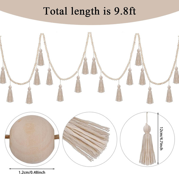 Janinka Christmas Tree Boho Decor Wooden Bead Garlands 9.8ft Wood Bead Garland with Tassels Boho Wall Hanging Macrame Banner Farmhouse Home Decor Rustic Country Holiday Decoration(Classic Color)