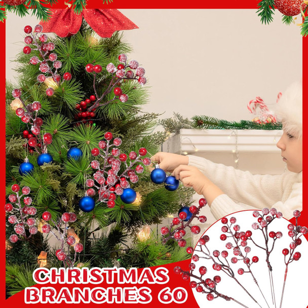 Janinka 60 Pcs Christmas Snow Frosted Artificial Berry Branches 7.87 Inch Floral Berry Picks Holly Berry Stems Berry Picks and Sprays for Xmas Tree Garland Wreath Vase Filler Decor(Red)