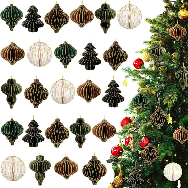 Janinka 36 Pcs Christmas Paper Honeycomb Ornaments 3D Mini Glitter Edge Honeycombs Lantern Reusable Vintage Christmas Hanging Neutral Ornaments for Christmas Tree Year Home Decor (Cute)
