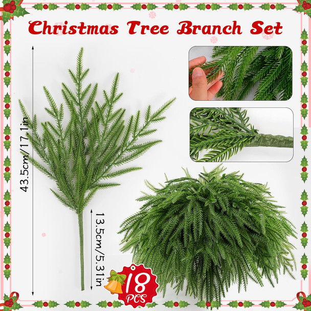 18 Pcs Christmas Norfolk Pine Branches -18 Inches Artificial Pine Branches faux Christmas Norfolk Pine Greenery Stems Faux Norfolk Pine Branches Garland for Xmas DIY Crafts Decorations Indoor Outdoor