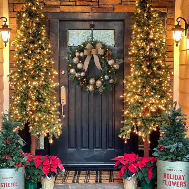 Pre Lit Wreaths 24 in Outdoor Christmas Wreaths Decor for Front Door, Gold Christmas Wreath with 50 LED Lights&Golden Bow& Balls, Christmas Door and Porch Decor Lit Holiday Wreath