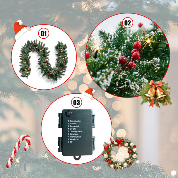 Christmas Garland with Lights, Battery Powered 8 Lighting Modes, 9FT 50 LED Luminous Christmas Decorations Indoor Home Decor