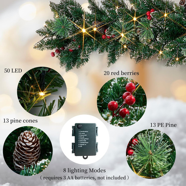 Christmas Garland with Lights, Battery Powered 8 Lighting Modes, 9FT 50 LED Luminous Christmas Decorations Indoor Home Decor