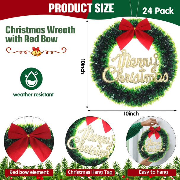 Jenaai 24 Pcs Christmas Wreath for Front Door 10" Artificial Christmas Wreath with Red Bow Hanging Winter Crafts for Indoor Outdoor Home Window Wall Holiday Decoration s (Green)