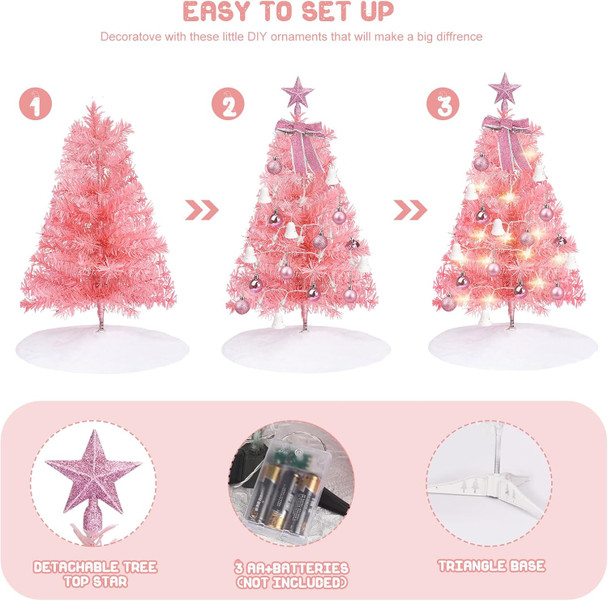 Mini Christmas Tree,24 in/60CM Artificial Small Christmas Tree with Led Lights/Ornaments, Tabletop Christmas Tree for Kids Christmas Decoration s(Pink)