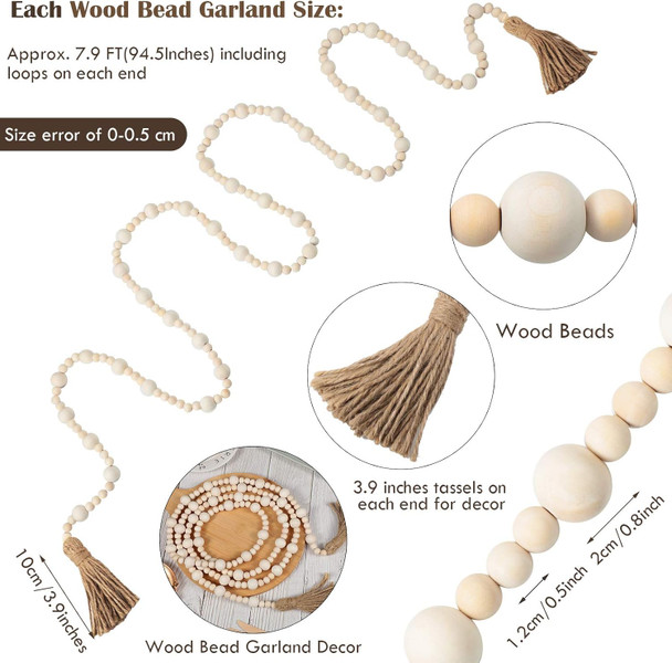 Jetec 7.9 Feet Wood Beaded Garlands with Tassels Christmas Hanging Ornaments Boho Farmhouse Decor Xmas Rustic Wooden Beads Garland for Christmas Table Wall Hanging Decor(Wood Color)