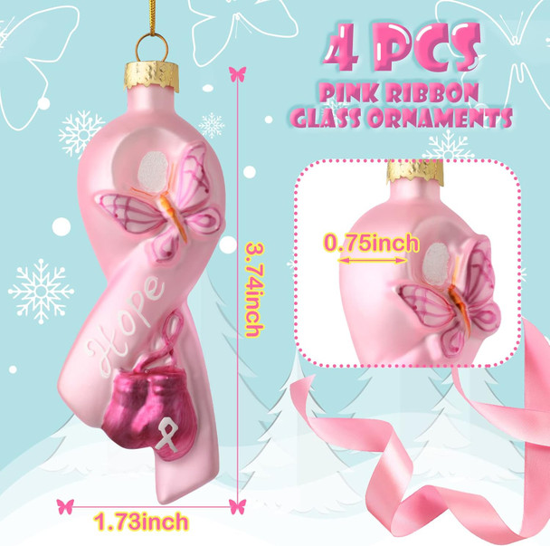 Jetec 4 Pieces Christmas Glass Ornament Breast Cancer Awareness Pink Ribbon Blown Ornament Decoration Hanging Breast Cancer Ornaments for Christmas Tree Pink Hope Ribbon Ornament with Butterfly Gloves