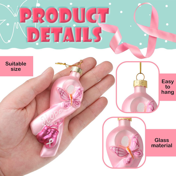 Jetec 4 Pieces Christmas Glass Ornament Breast Cancer Awareness Pink Ribbon Blown Ornament Decoration Hanging Breast Cancer Ornaments for Christmas Tree Pink Hope Ribbon Ornament with Butterfly Gloves