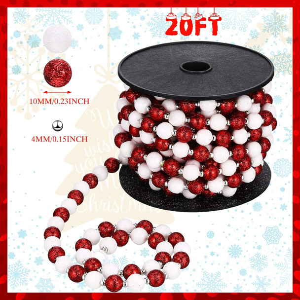 Jetec Christmas Candy Garland Multi Color Glitter Beaded Garland Candy Beads Tree Garland Red and White Plastic Beads Garland for Fireplace Christmas Tree Decorations(20 ft,White, Red, Silver)