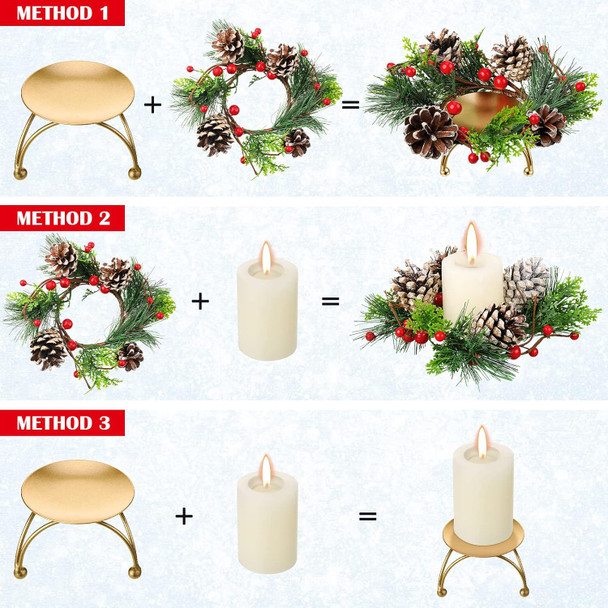 12 Pieces Christmas Wreath Candle Holder Include 6 Pcs Votive Candle Berry Ring with Pinecones and 6 Pcs Metal Candle Holders for Christmas Party Decoration