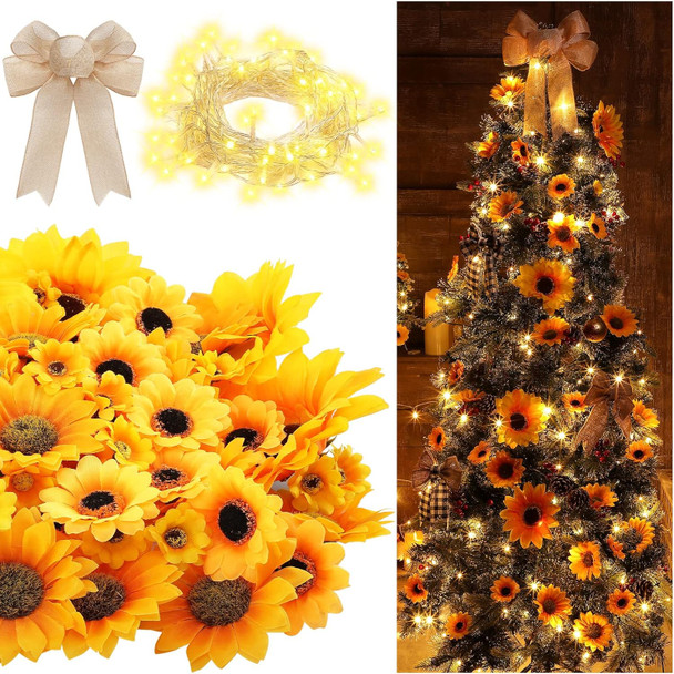 Jetec 62 Pieces Sunflower Christmas Tree Decor Sunflower Decorations with 80 LEDs String Lights for Home Fireplace Christmas Tree Party Indoor Decor