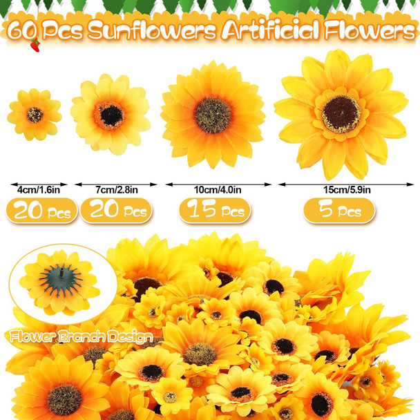 Jetec 62 Pieces Sunflower Christmas Tree Decor Sunflower Decorations with 80 LEDs String Lights for Home Fireplace Christmas Tree Party Indoor Decor