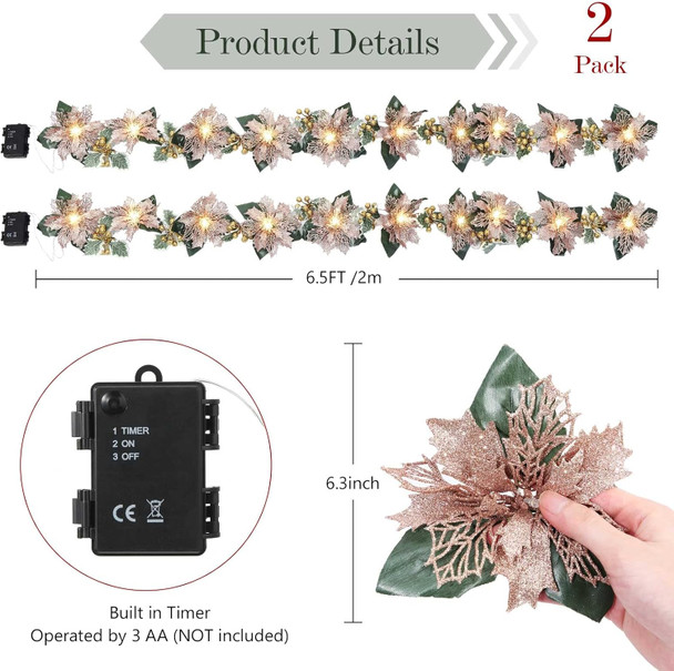 Jexine 2 Pcs Christmas Glitter Artificial Poinsettia Garland 6.5 ft 10 LEDs Faux Flower Xmas String Lights Poinsettia Garland with Lights Gold Berries Holly Leaves for Indoor Outdoor Decor
