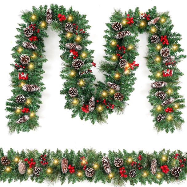 9FT Christmas Garland Decoration ，Battery Operated Lighted Garland with Pine Cones Red Berries Lush Branches，50 LED Lights 8 Modes，Christmas Decorations