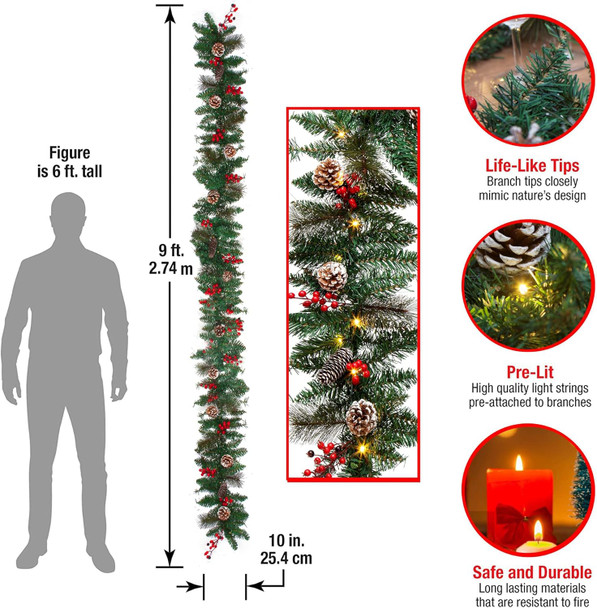 9FT Christmas Garland Decoration ，Battery Operated Lighted Garland with Pine Cones Red Berries Lush Branches，50 LED Lights 8 Modes，Christmas Decorations