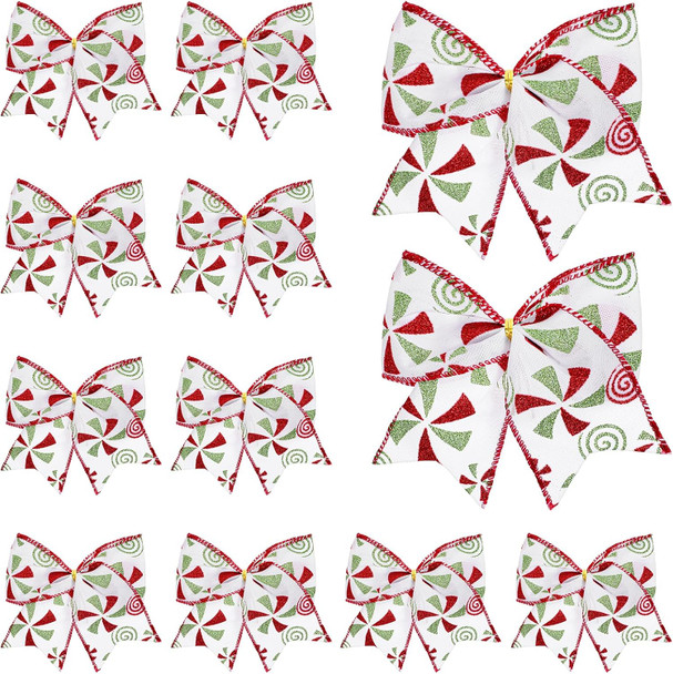 12 Pcs Red Green Christmas Bows, 5.9“ Christmas Tree Candy Wreaths Bows, Xmas Elf Tree Dot Bows Peppermint Garland Ribbon Ornaments Santa Decorations for Home Party Crafts Wrap(White)