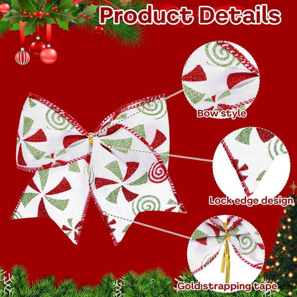 12 Pcs Red Green Christmas Bows, 5.9“ Christmas Tree Candy Wreaths Bows, Xmas Elf Tree Dot Bows Peppermint Garland Ribbon Ornaments Santa Decorations for Home Party Crafts Wrap(White)