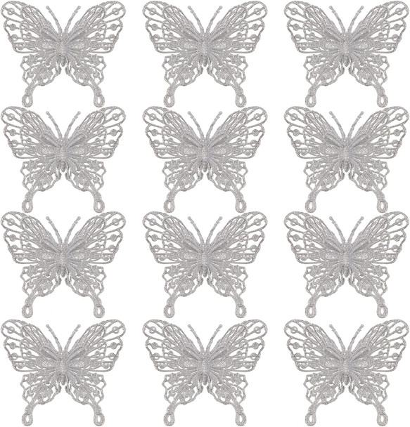12 PCS Glitter Butterfly Christmas Tree Ornaments, Hollow-Out Butterfly Christmas Decoration with Clips, Craft Xmas Ornaments, Christmas Tree, Wreath, Garland, Home Decorations, Silver