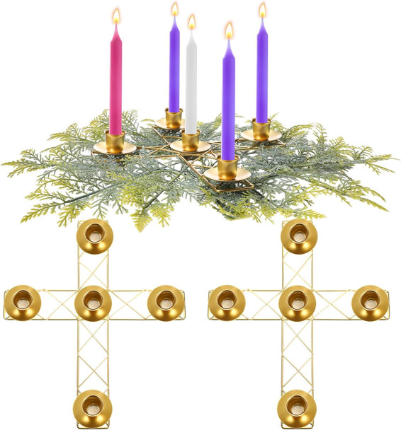 2 Pcs Christmas Advent Candle Wreath Ring Metal Candle Holder for Pillar Advent Candles Candle Sticks Rustic Candlesticks Holders for Xmas Table Centerpiece Decor Home(Thin,Cross)