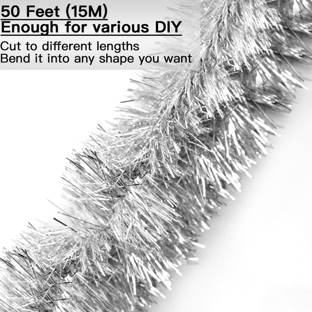 Jishi 50 FT Christmas Garland Silver Tinsel Garland Christmas Tree Decorations - Non-Lit Xmas Holiday Decor Outdoor Indoor Home Garden Outside Wedding Party Artificial Thick Silver Decorative Garland