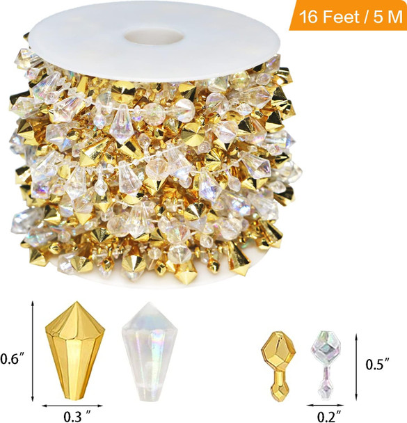 Jishi 16ft Christmas Garland Christmas Tree Gold Bead Decoration Clear Iridescent & Gold Bead Garland Twist Bead String for Christmas Tree Decorations, Rustic Crystal Garland Ornaments for Home Decor