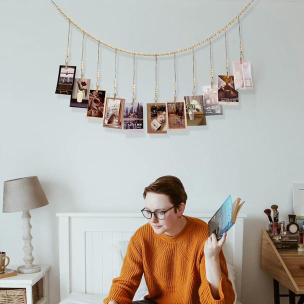Hanging Photo Display, Wooden Bead Garland, Boho Style Collage Photo Frame Decoration for Dorms, Classrooms, Bedrooms, Hanging Display Card Holder Hanging Photo Display, Wooden Bead Garland, Boho Style Collage Photo Frame Decoration for Dorms, Classrooms, Bedrooms, Hanging Display Card Holder
