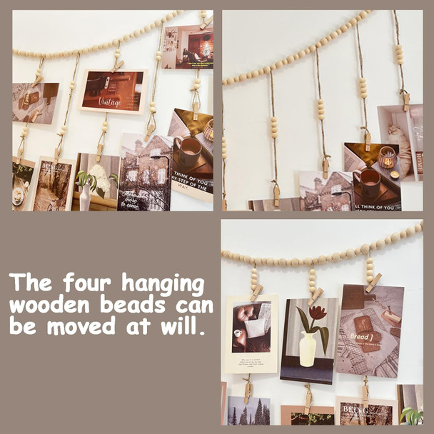 Hanging Photo Display, Wooden Bead Garland, Boho Style Collage Photo Frame Decoration for Dorms, Classrooms, Bedrooms, Hanging Display Card Holder Hanging Photo Display, Wooden Bead Garland, Boho Style Collage Photo Frame Decoration for Dorms, Classrooms, Bedrooms, Hanging Display Card Holder