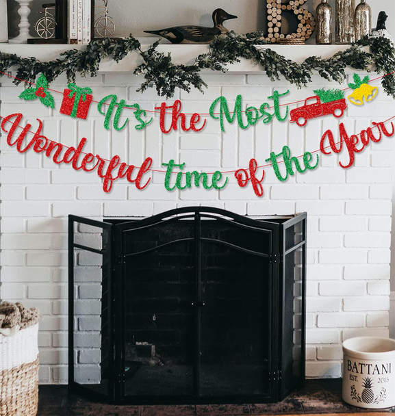 Red Green Glitter It's The Most Wonderful Time of The Year Banner with Holly Berry Xmas Tree Bells Christmas Holiday Party Banner Merry Christmas Holly Jolly Winter Party Mantle Decorations