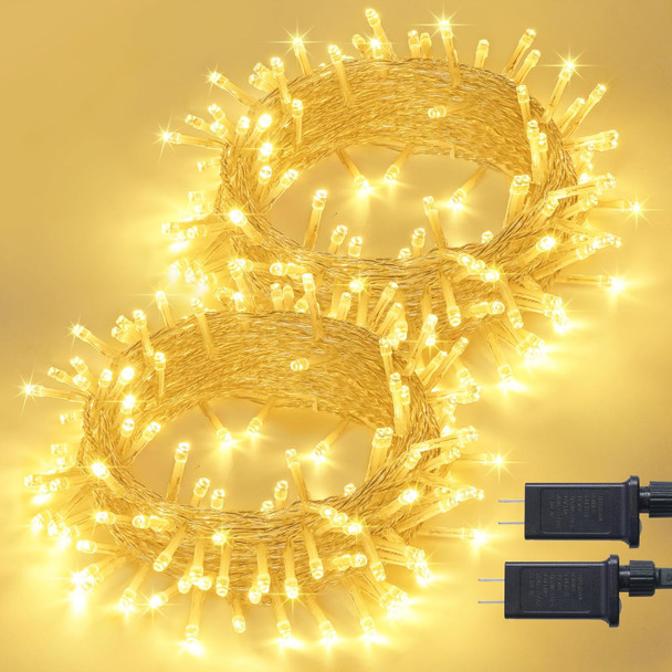JMEXSUSS 2 Pack 100 LED Warm White Christmas Lights Outdoor, 33ft Connectable Christmas Tree Lights Plug in, 8 Modes Clear Wire Christmas String Lights for Christmas Tree Indoor Xmas Party Decorations