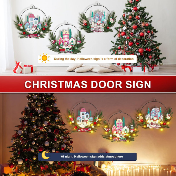 16"x13" 3D Christmas Hoop Door Sign with LED Bulbs(Batteries not Included), Christmas Hanger for Front Door Xmas Decorations Wreath Door Wreaths Signs Wall Decor for Outdoor, Indoor, Porch, Bedroom