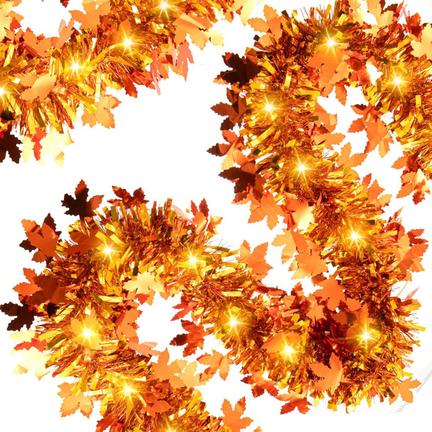 33FT Thanksgiving Tinsel Garland with LED Lights Golden Maple Leaf Metallic Twist Tinsel Garland Battery Operted Lighted Hanging Garland for Autumn Thanksgiving Halloween Party Decoration
