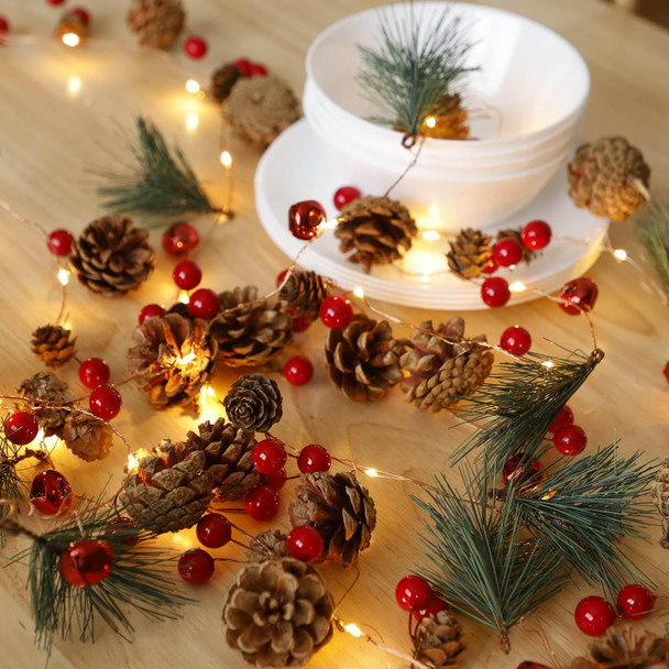Christmas Garland with Lights,6.7FT/2m 20 LED Pinecone String Lights Battery Operated,Red Berry Bells Garland Lights for Mantle Fireplace Indoor Outdoor Xmas Decor (1Pack)