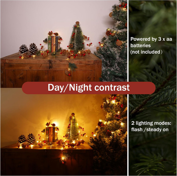 Christmas Garland with Lights,6.7FT/2m 20 LED Pinecone String Lights Battery Operated,Red Berry Bells Garland Lights for Mantle Fireplace Indoor Outdoor Xmas Decor (1Pack)